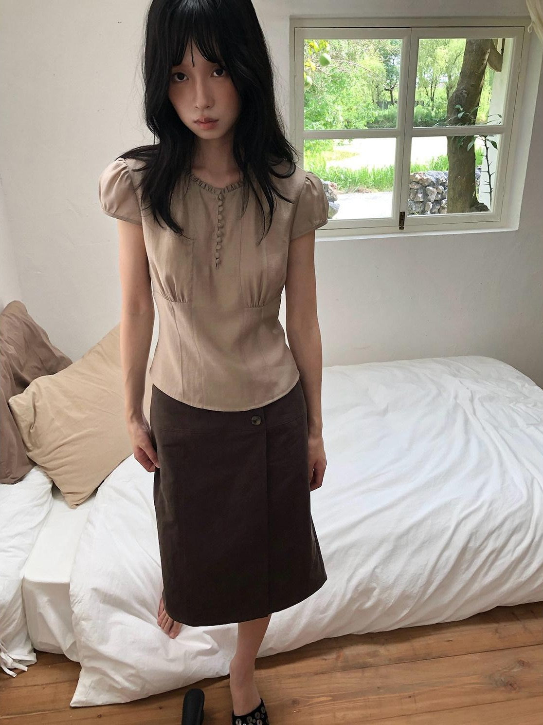 Dorydory Milk Tea Puff Sleeve Waist Cinch Round Neck Women&