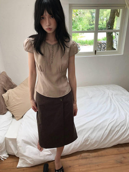 Dorydory Milk Tea Puff Sleeve Waist Cinch Round Neck Women&