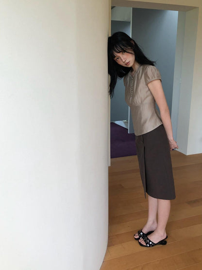 Dorydory Milk Tea Puff Sleeve Waist Cinch Round Neck Women&