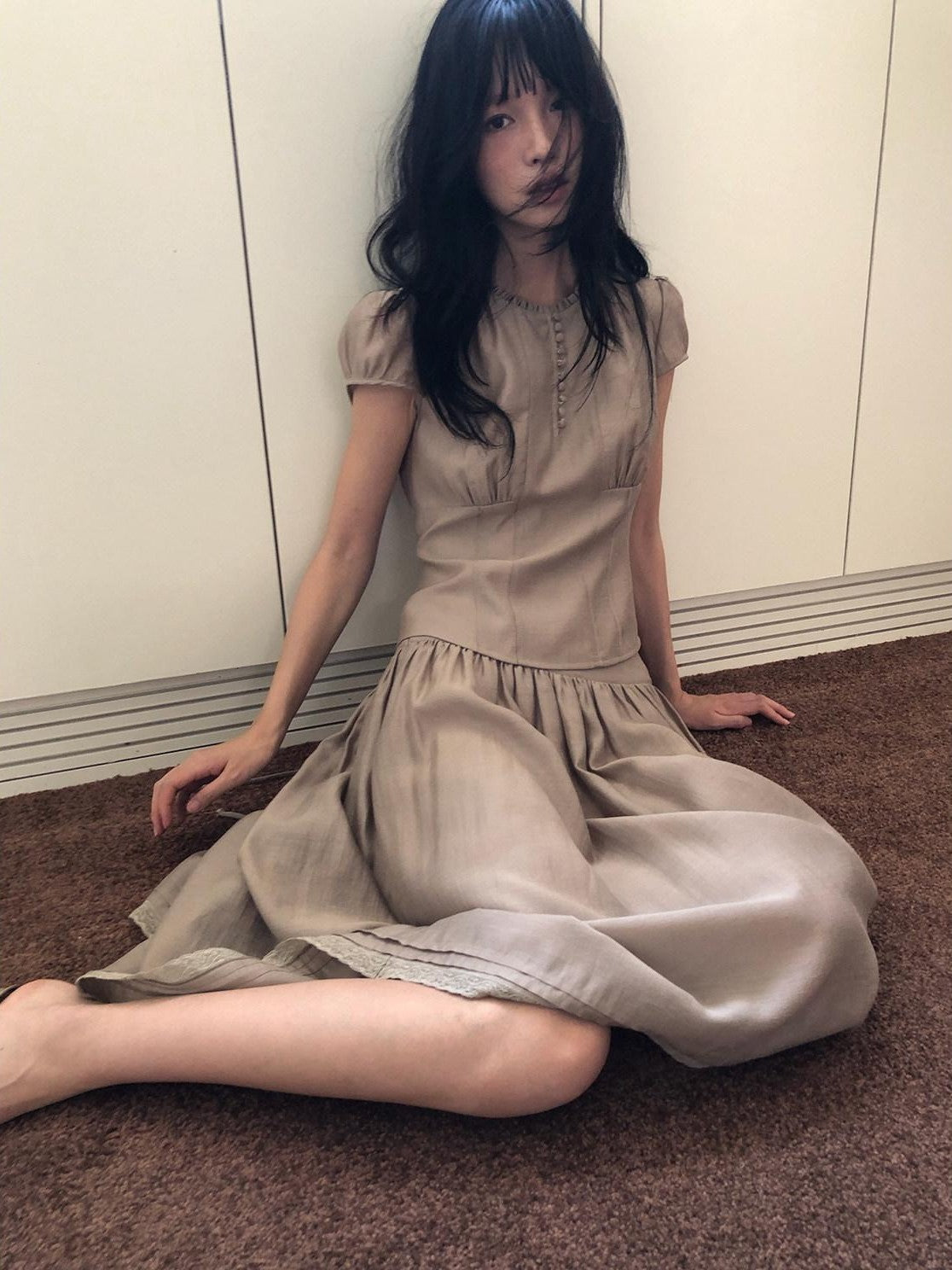 Dorydory Milk Tea Puff Sleeve Waist Cinch Round Neck Women&