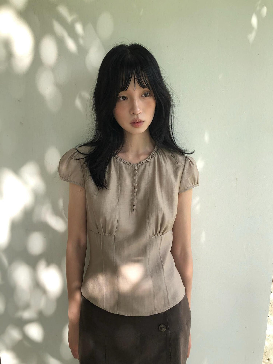 Dorydory Milk Tea Puff Sleeve Waist Cinch Round Neck Women&