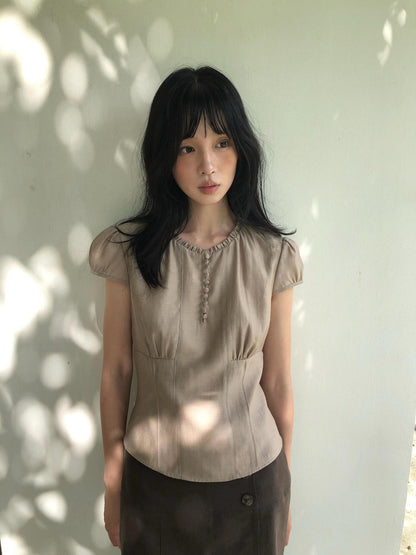 Dorydory Milk Tea Puff Sleeve Waist Cinch Round Neck Women&