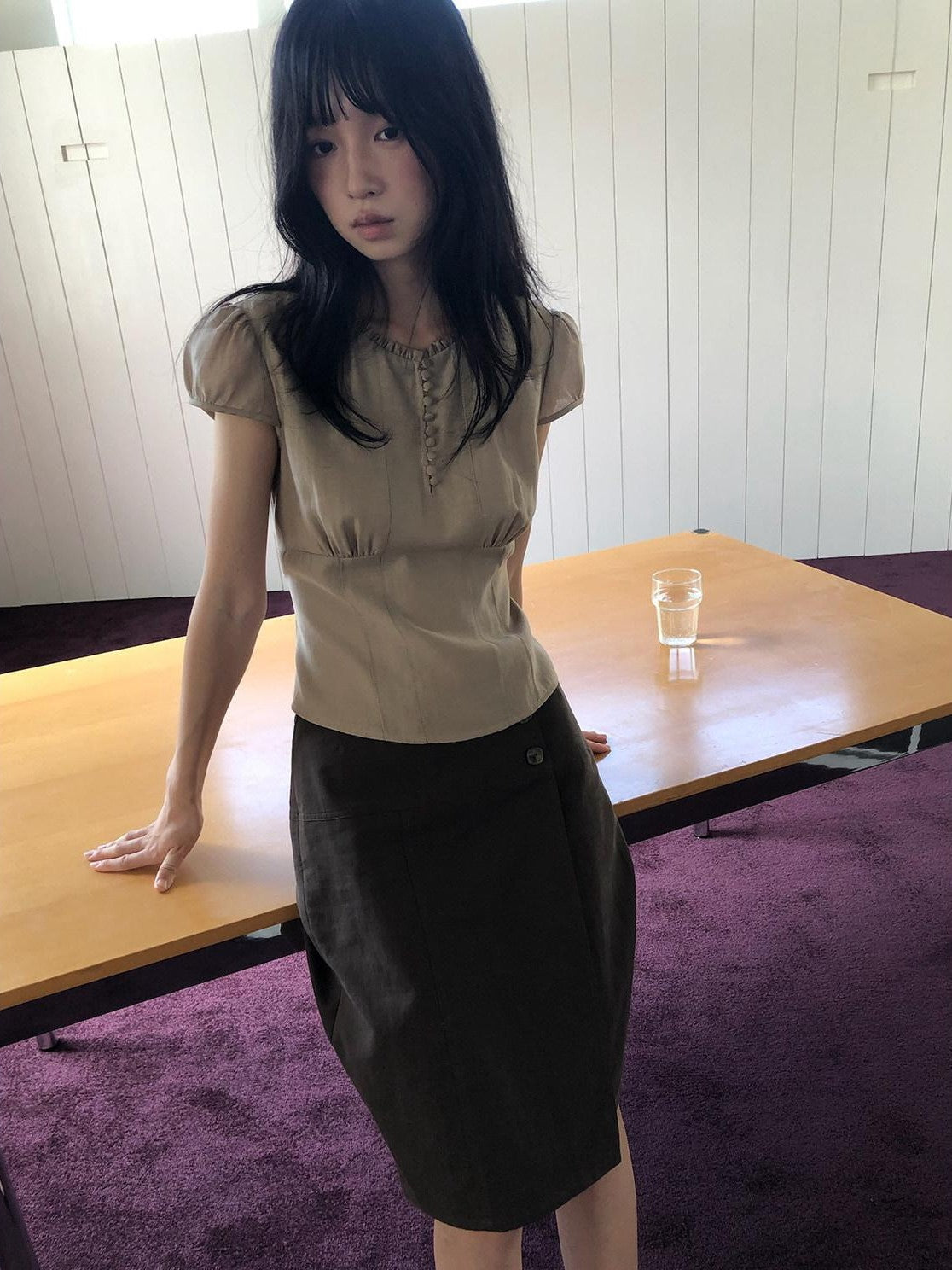 Dorydory Milk Tea Puff Sleeve Waist Cinch Round Neck Women&
