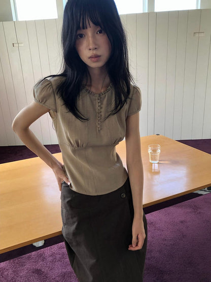 Dorydory Milk Tea Puff Sleeve Waist Cinch Round Neck Women&
