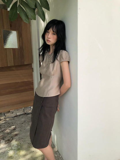 Dorydory Milk Tea Puff Sleeve Waist Cinch Round Neck Women&