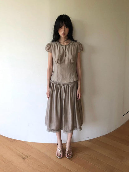 Dorydory Milk Tea Puff Sleeve Waist Cinch Round Neck Women&