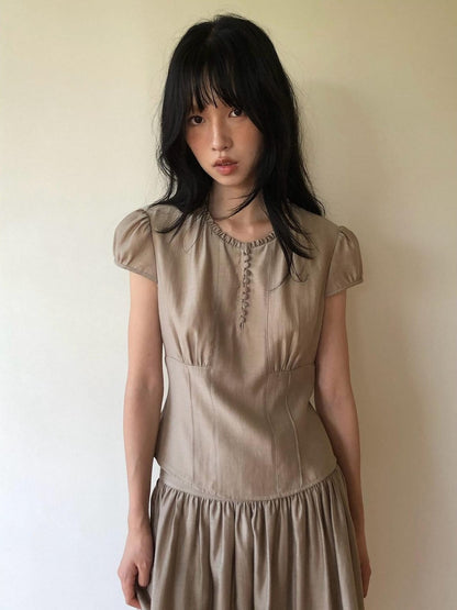 Dorydory Milk Tea Puff Sleeve Waist Cinch Round Neck Women&