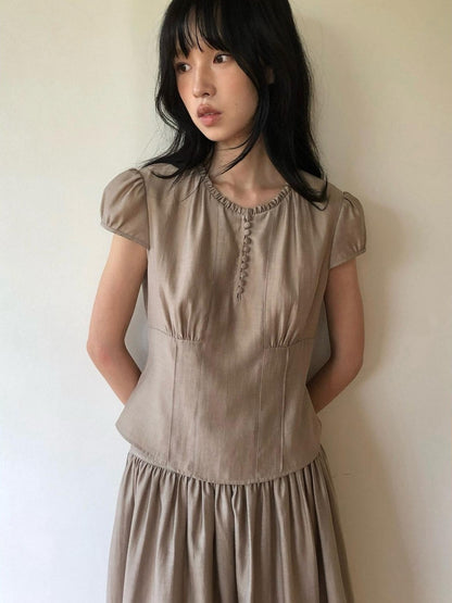 Dorydory Milk Tea Puff Sleeve Waist Cinch Round Neck Women&