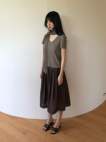 Dorydory Milk Tea Tie Waist Tuck Pleat Lace High Waist Women&