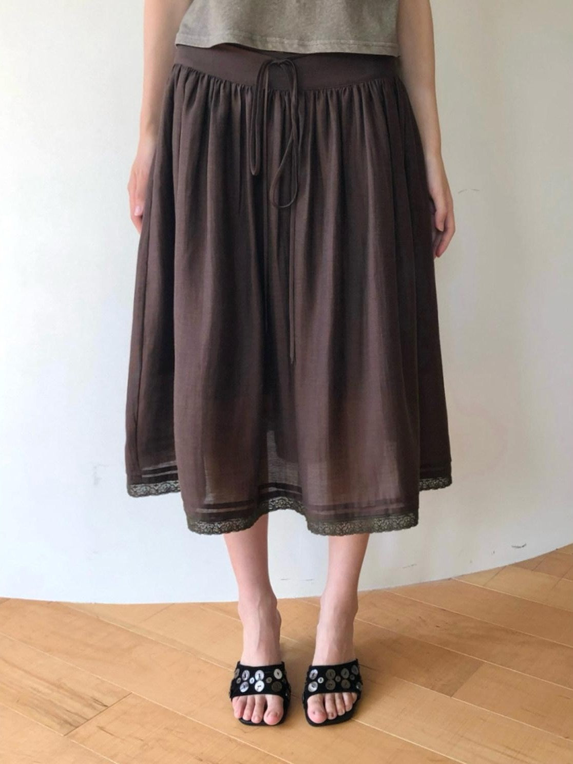 Dorydory Milk Tea Tie Waist Tuck Pleat Lace High Waist Women&