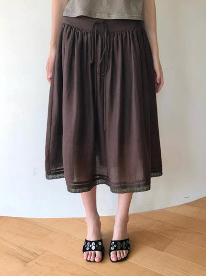 Dorydory Milk Tea Tie Waist Tuck Pleat Lace High Waist Women&
