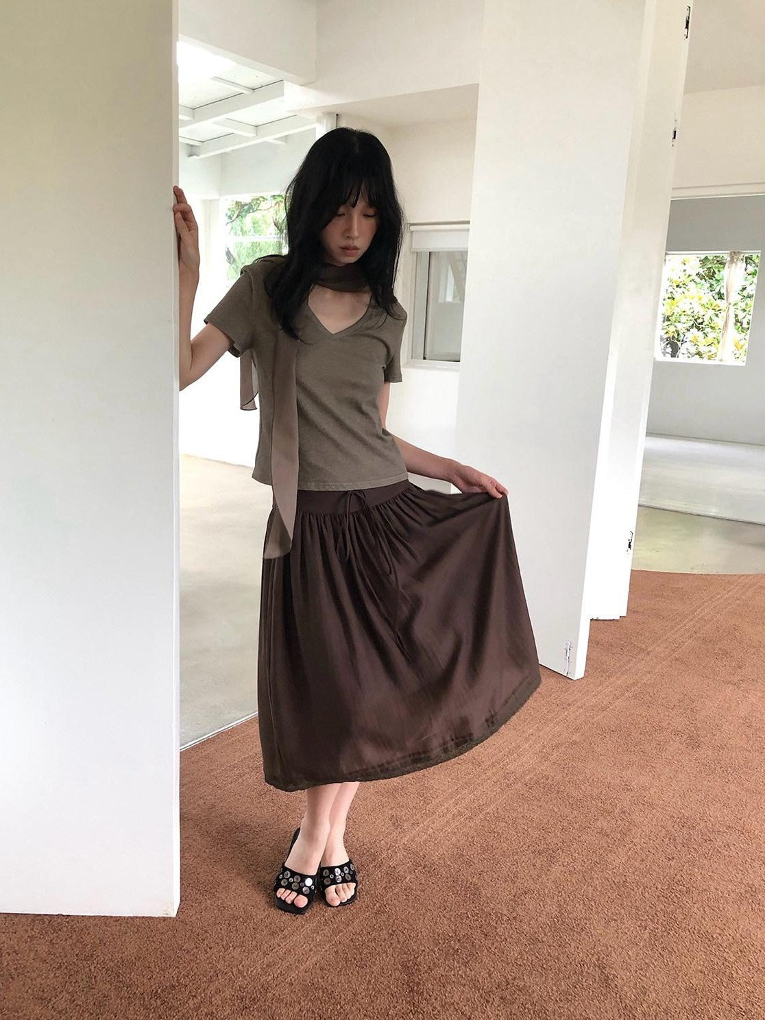 Dorydory Milk Tea Tie Waist Tuck Pleat Lace High Waist Women&