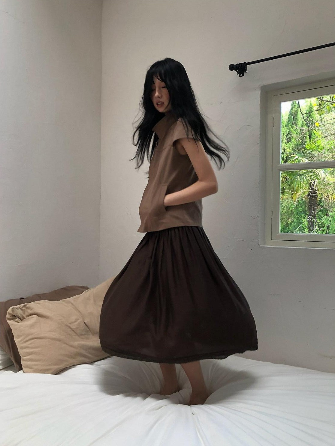 Dorydory Milk Tea Tie Waist Tuck Pleat Lace High Waist Women&