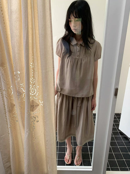 Dorydory Milk Tea Tie Waist Tuck Pleat Lace High Waist Women&