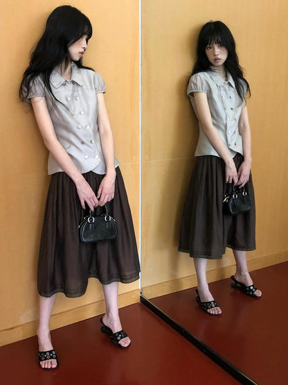 Dorydory Milk Tea Tie Waist Tuck Pleat Lace High Waist Women&