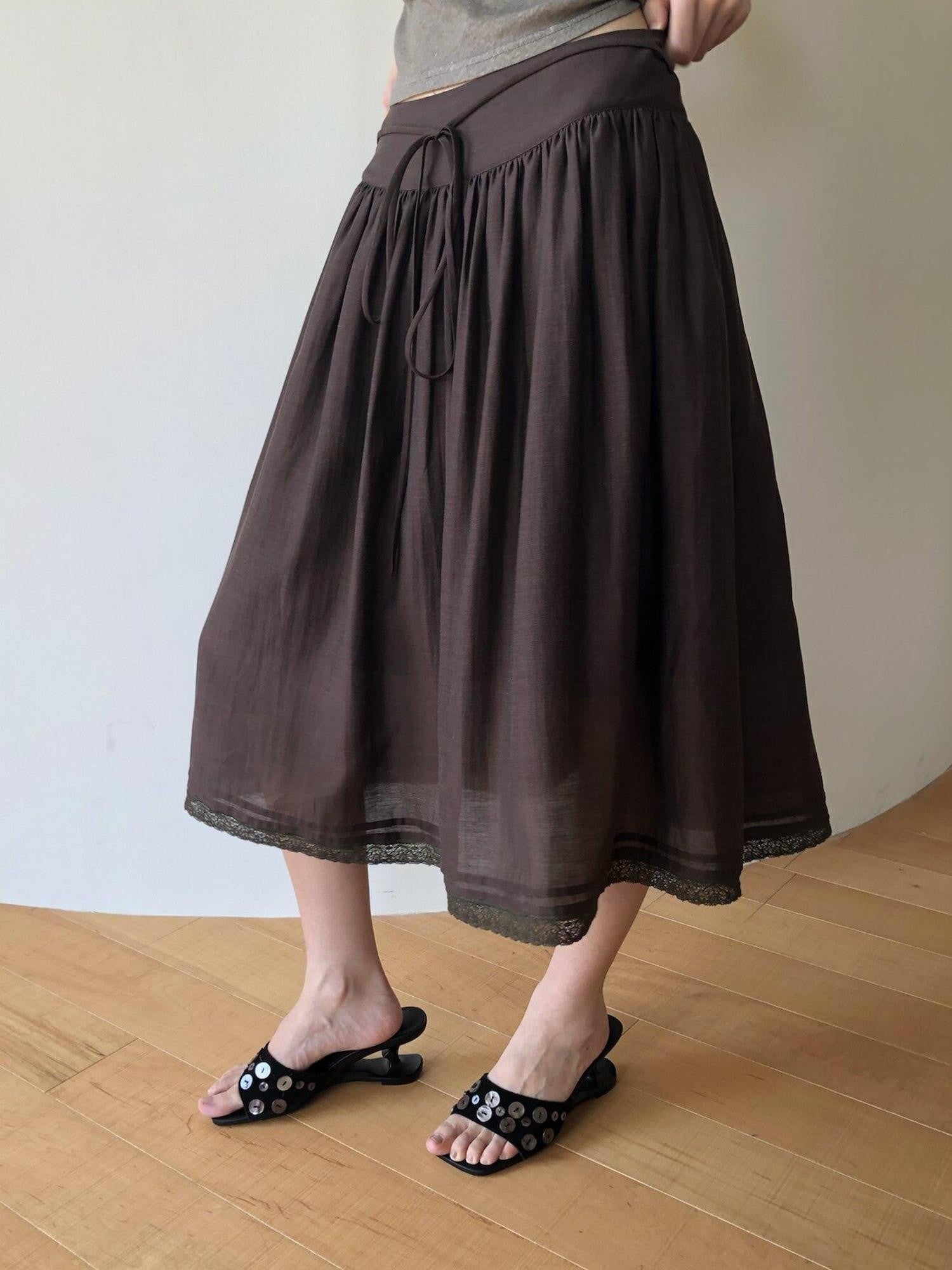 Dorydory Milk Tea Tie Waist Tuck Pleat Lace High Waist Women&