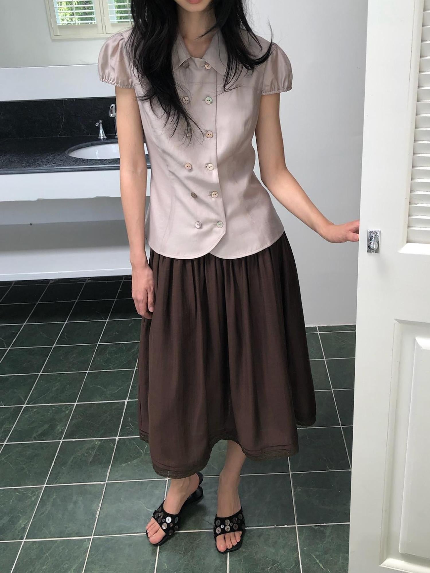 Dorydory Milk Tea Tie Waist Tuck Pleat Lace High Waist Women&