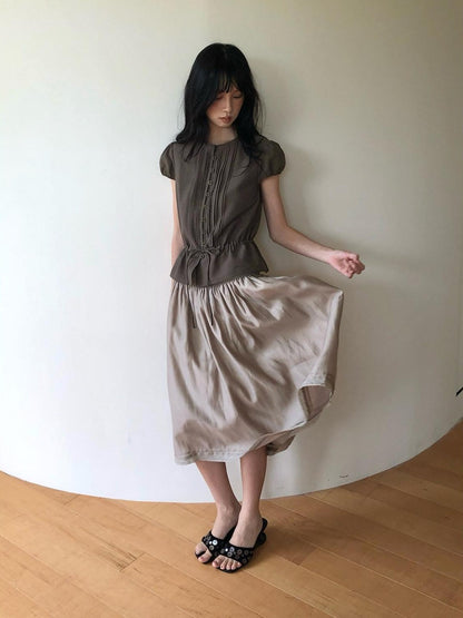 Dorydory Milk Tea Tie Waist Tuck Pleat Lace High Waist Women&