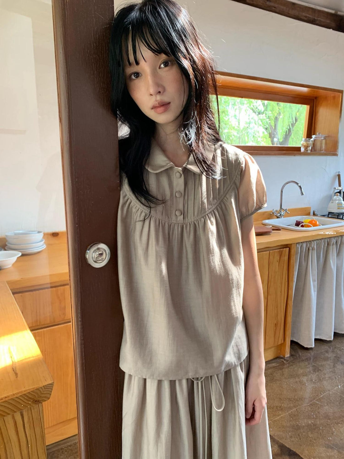 Dorydory Milk Tea Vintage Doll Collar Pleated Women&