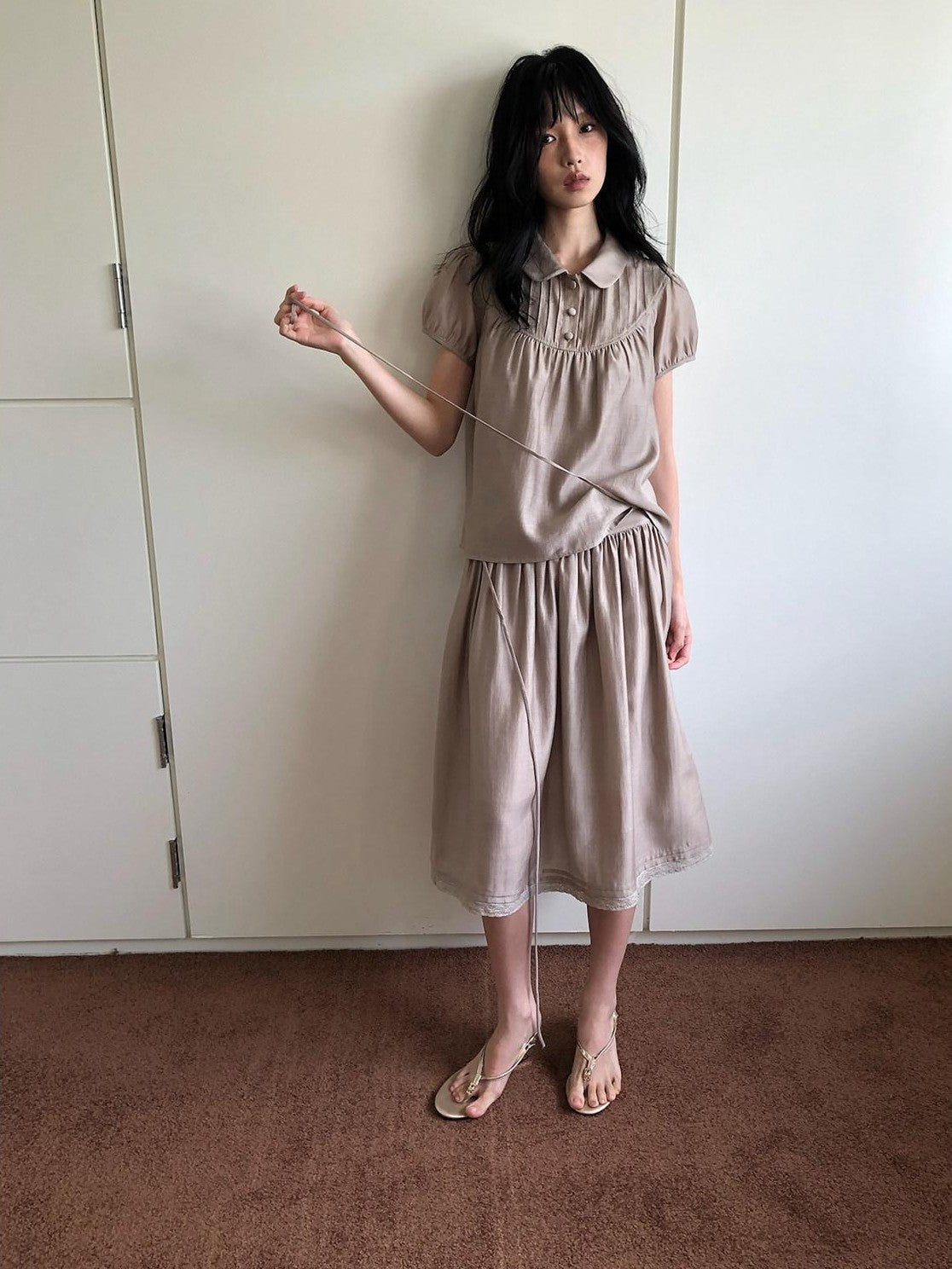 Dorydory Milk Tea Vintage Doll Collar Pleated Women&