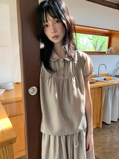 Dorydory Milk Tea Vintage Doll Collar Pleated Women&