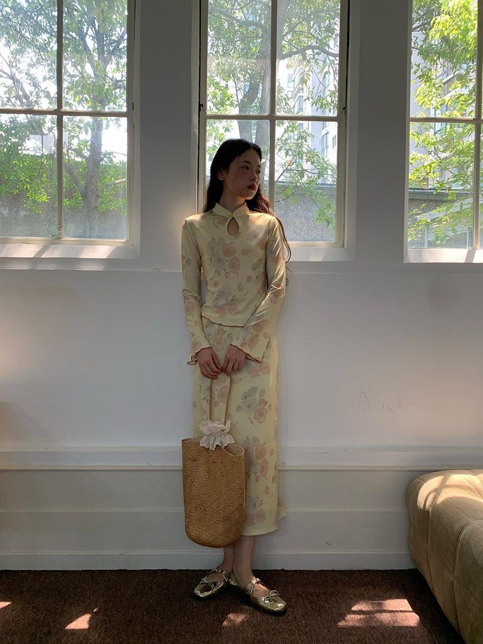 Dorydory Milky Yellow New Chinese Style Floral Stand Collar Women&