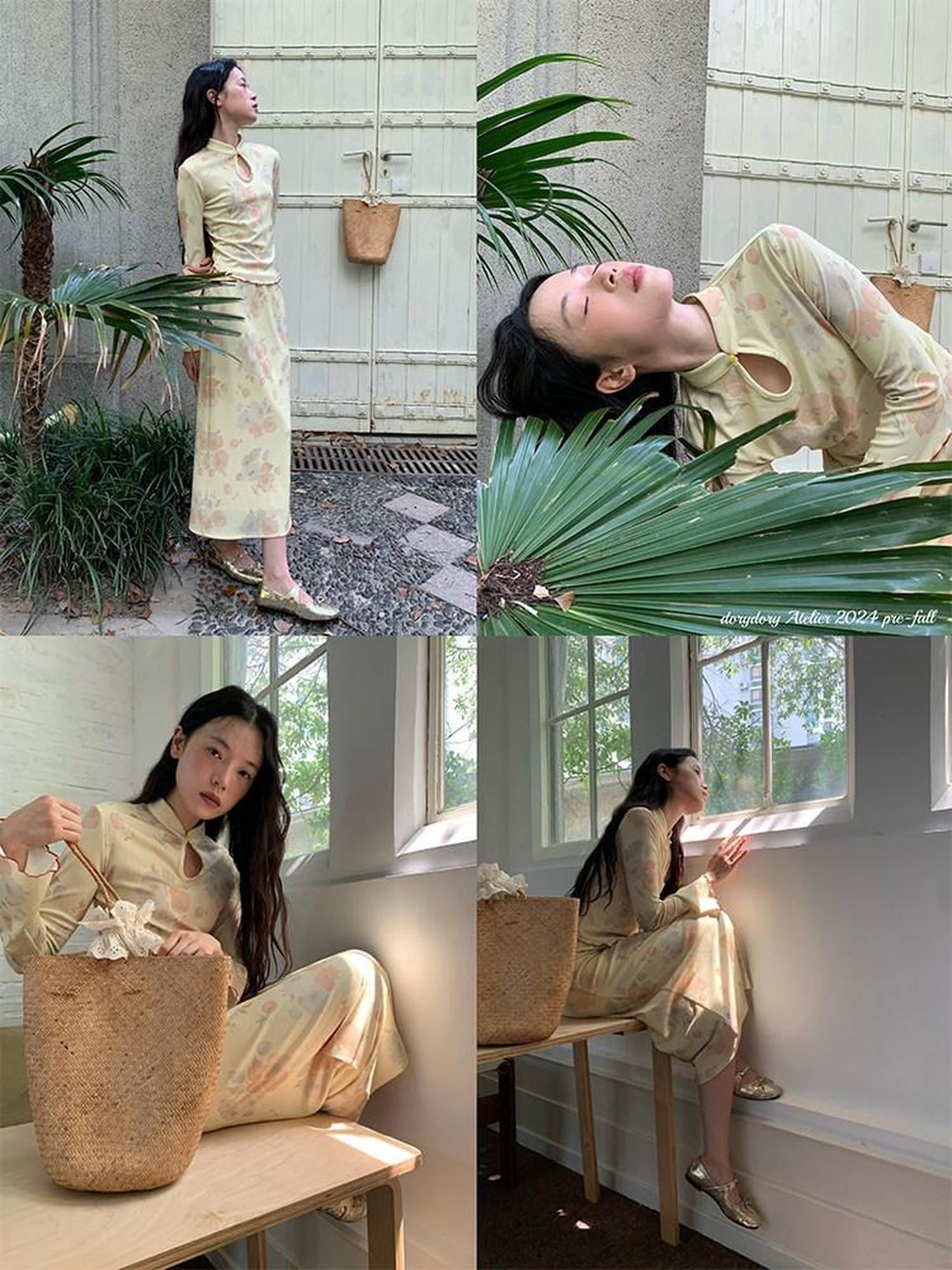 Dorydory Milky Yellow New Chinese Style Floral Stand Collar Women&