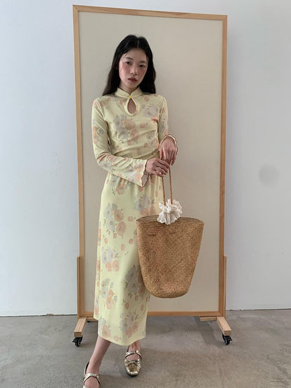 Dorydory Milky Yellow New Chinese Style Floral Stand Collar Women&