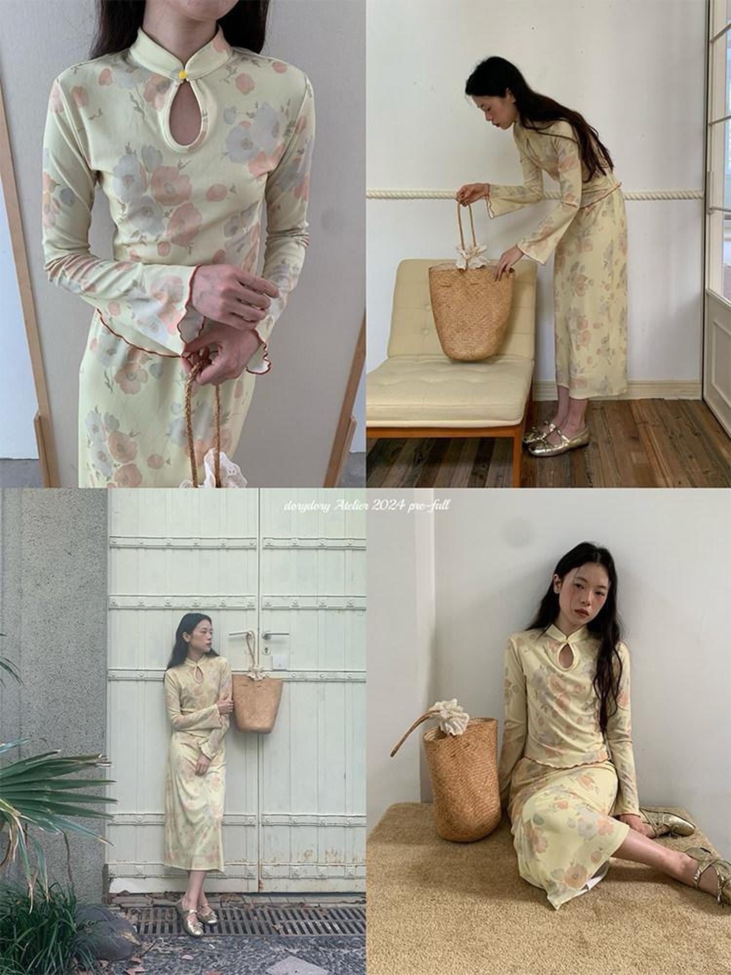 Dorydory Milky Yellow New Chinese Style Floral Stand Collar Women&