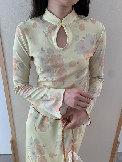 Dorydory Milky Yellow New Chinese Style Floral Stand Collar Women&