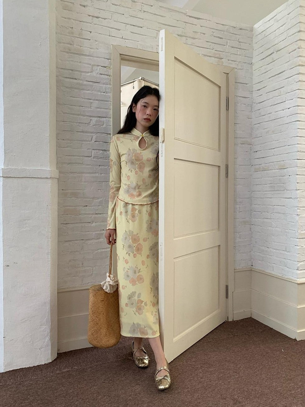 Dorydory Milky Yellow New Chinese Style Floral Stand Collar Women&