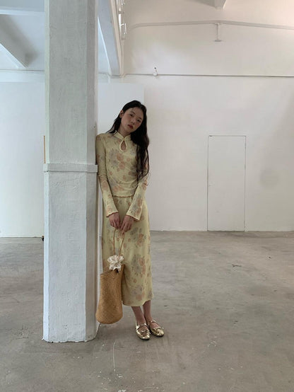 Dorydory Milky Yellow New Chinese Style Floral Stand Collar Women&