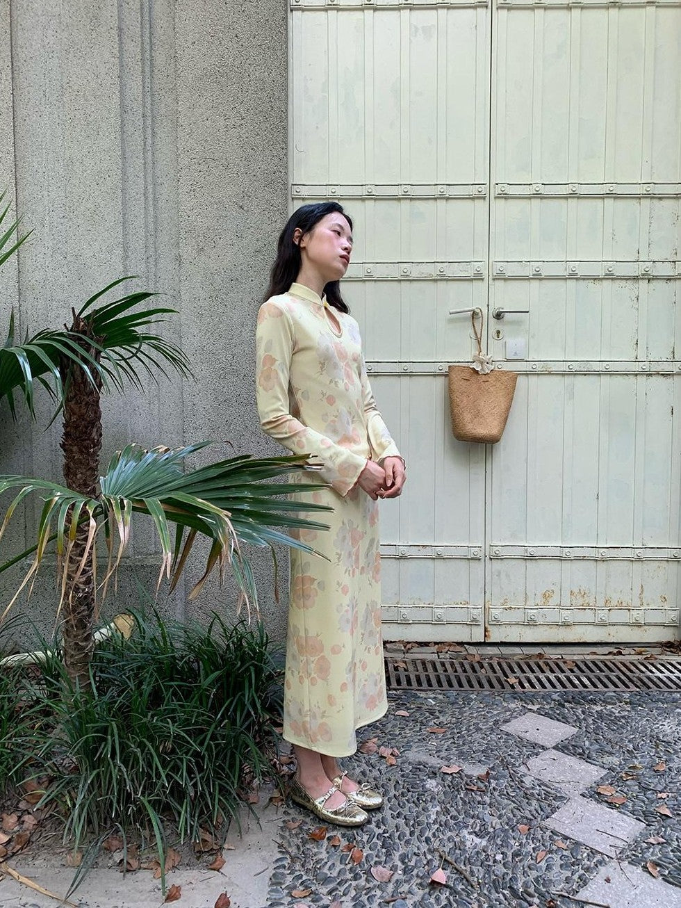 Dorydory Milky Yellow New Chinese Style Floral Stand Collar Women&