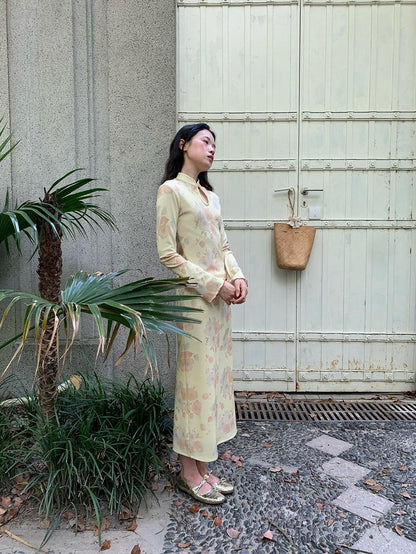 Dorydory Milky Yellow New Chinese Style Floral Stand Collar Women&