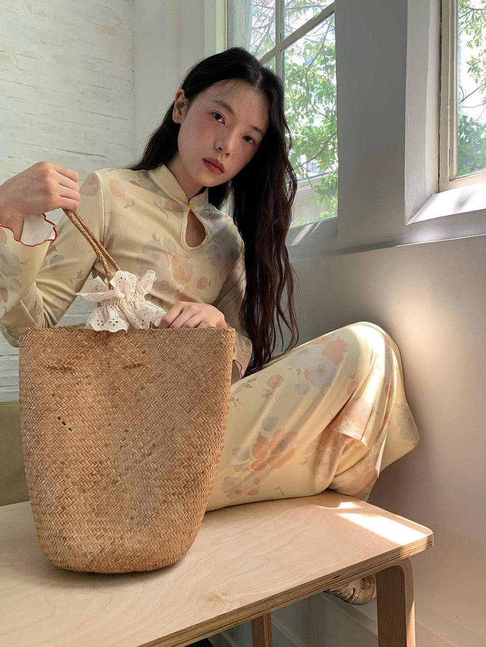 Dorydory Milky Yellow New Chinese Style Floral Stand Collar Women&