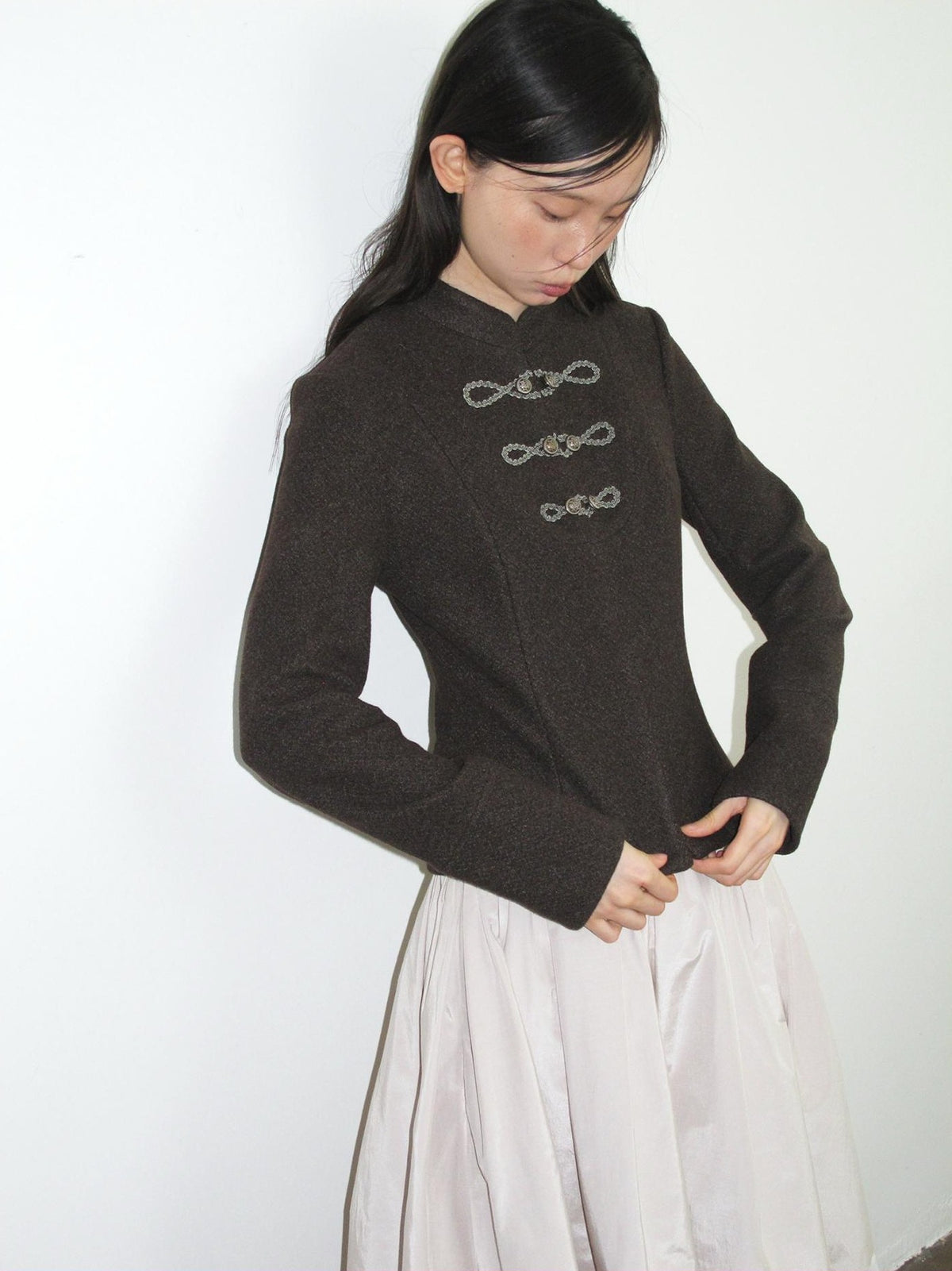 Dorydory Minimalist Stand Collar Button Wool Blend Women&
