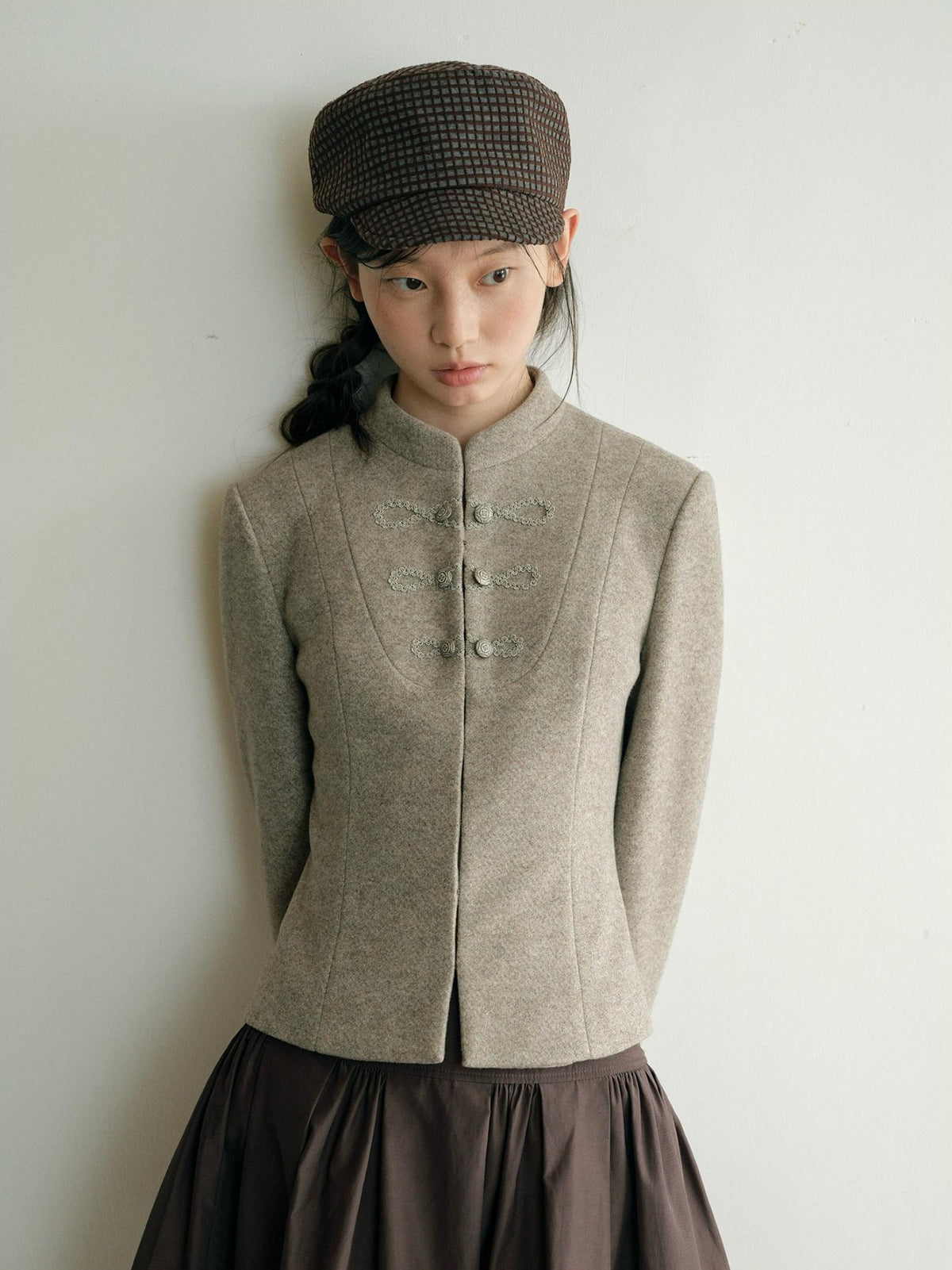 Dorydory Minimalist Stand Collar Button Wool Blend Women&