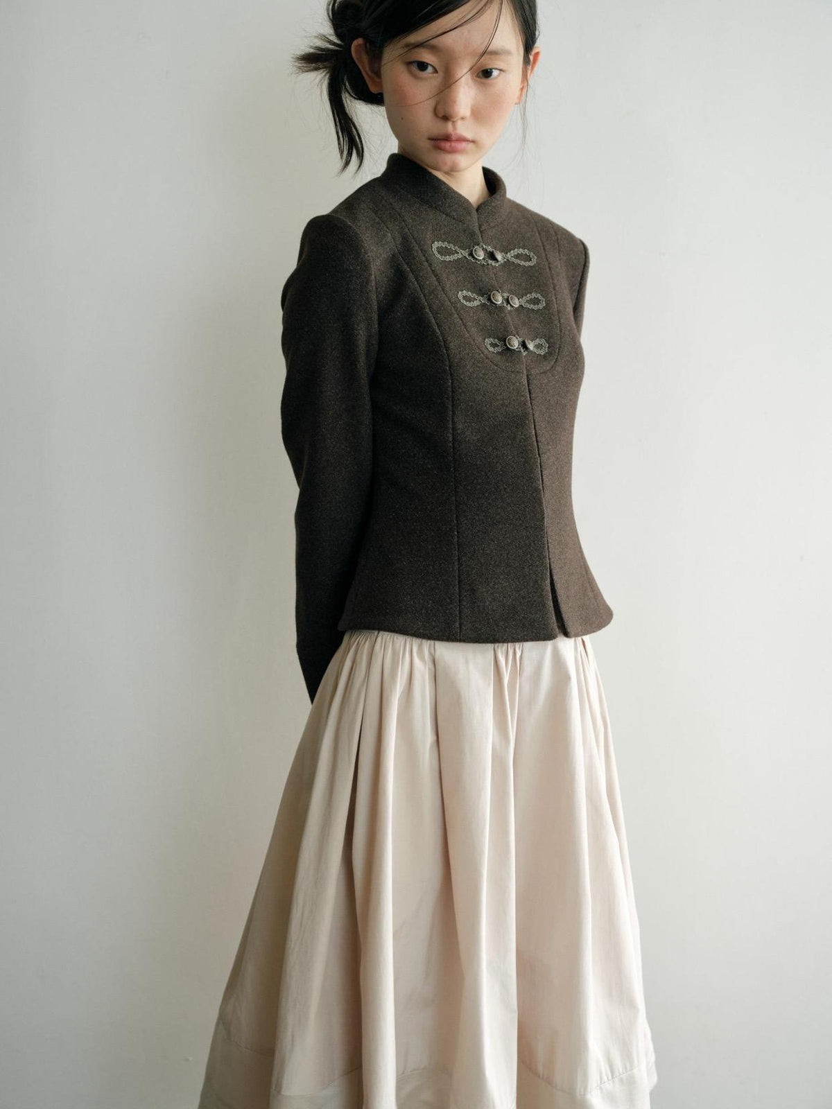 Dorydory Minimalist Stand Collar Button Wool Blend Women&