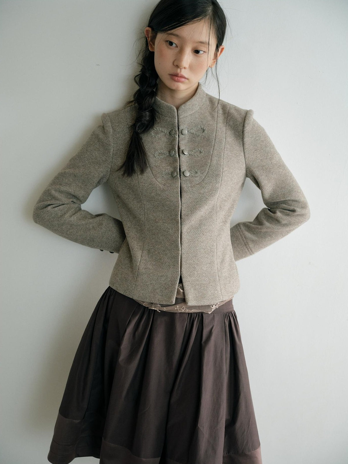 Dorydory Minimalist Stand Collar Button Wool Blend Women&