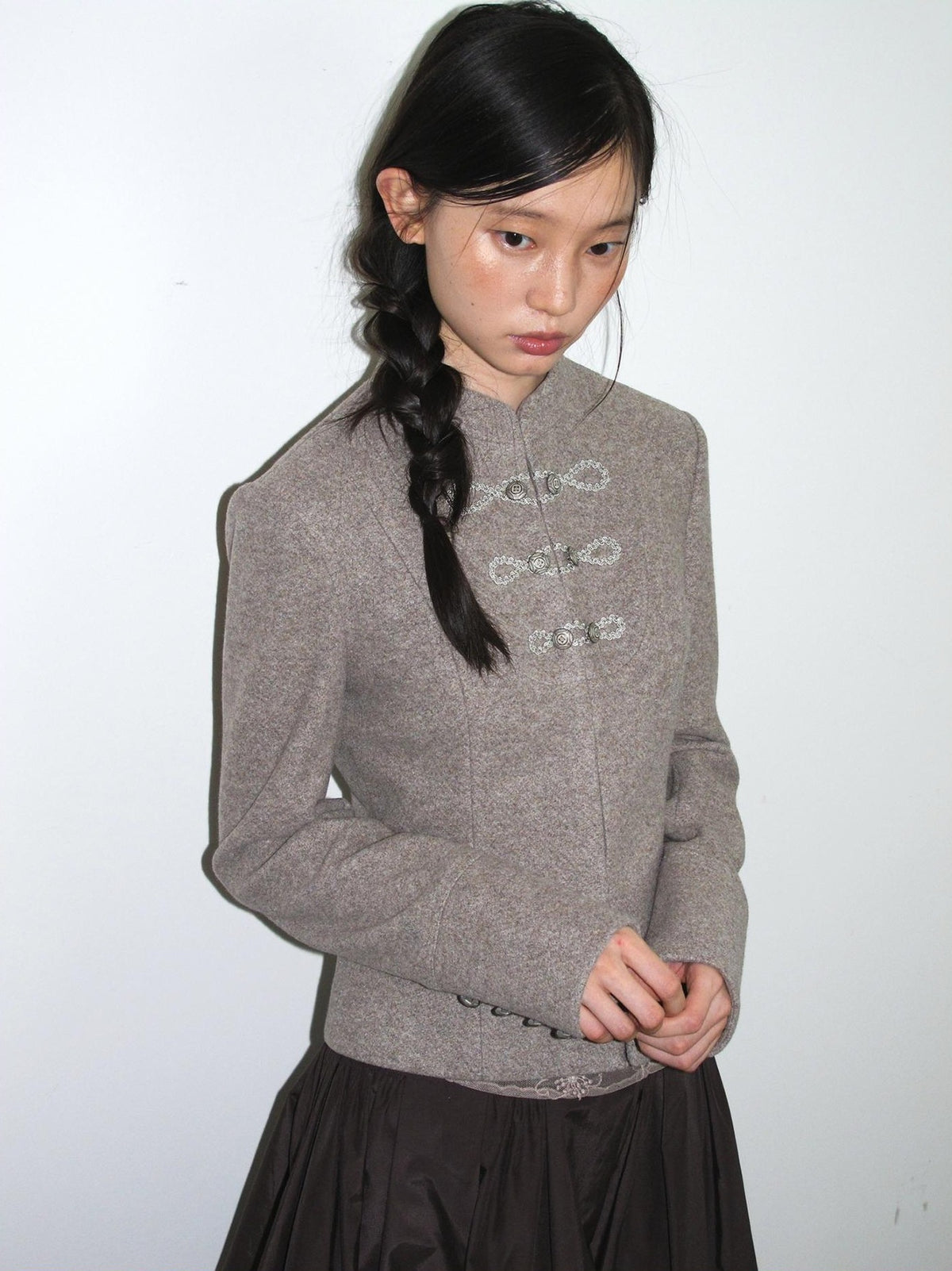 Dorydory Minimalist Stand Collar Button Wool Blend Women&