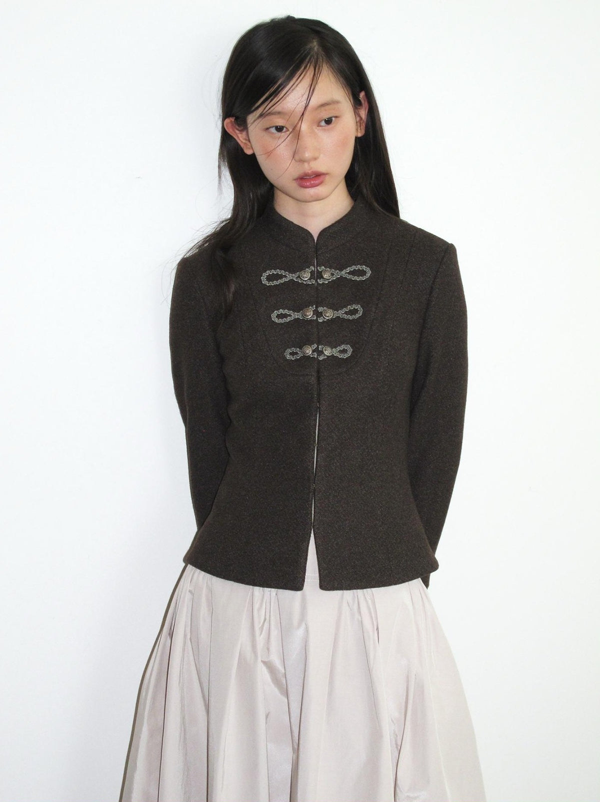 Dorydory Minimalist Stand Collar Button Wool Blend Women&