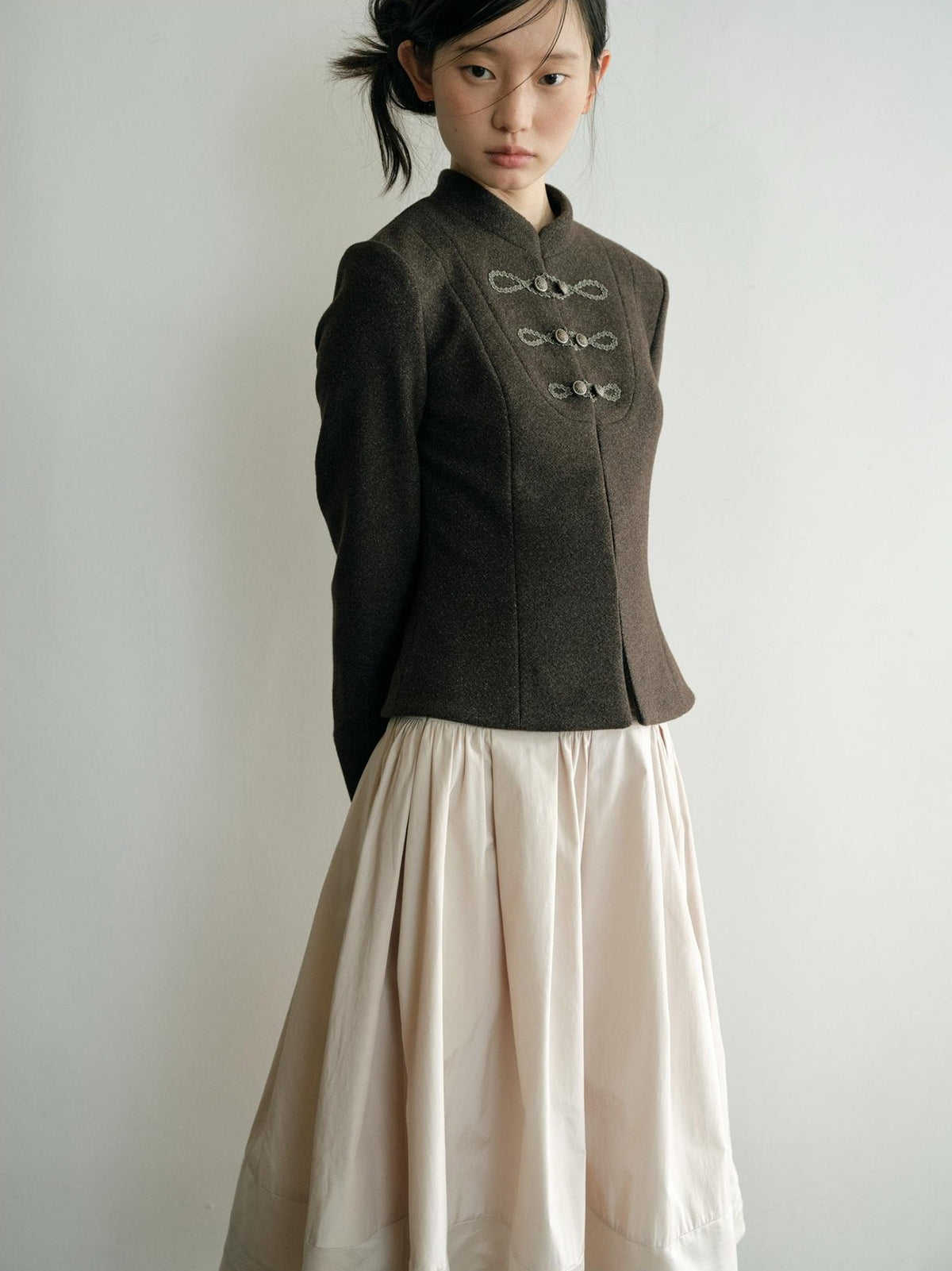 Dorydory Minimalist Stand Collar Button Wool Blend Women&