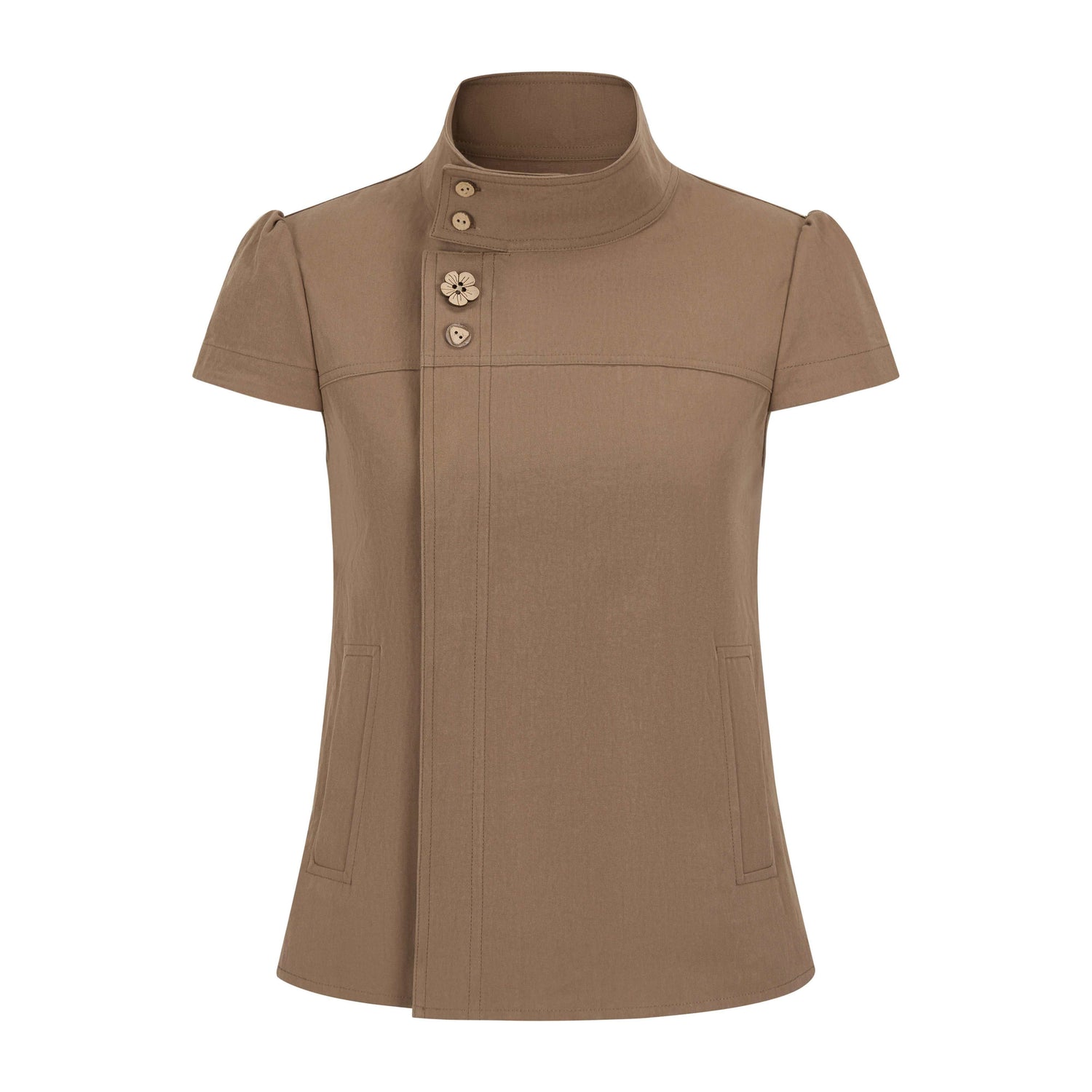 Dorydory_Mocha_A_Line_Raglan_High_Collar_Slim_Button_Women&