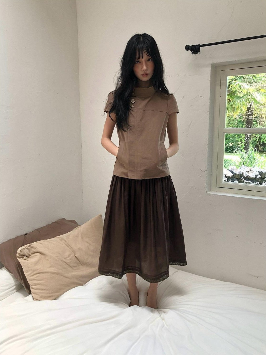 Dorydory Mocha A Line Raglan High Collar Slim Button Women&