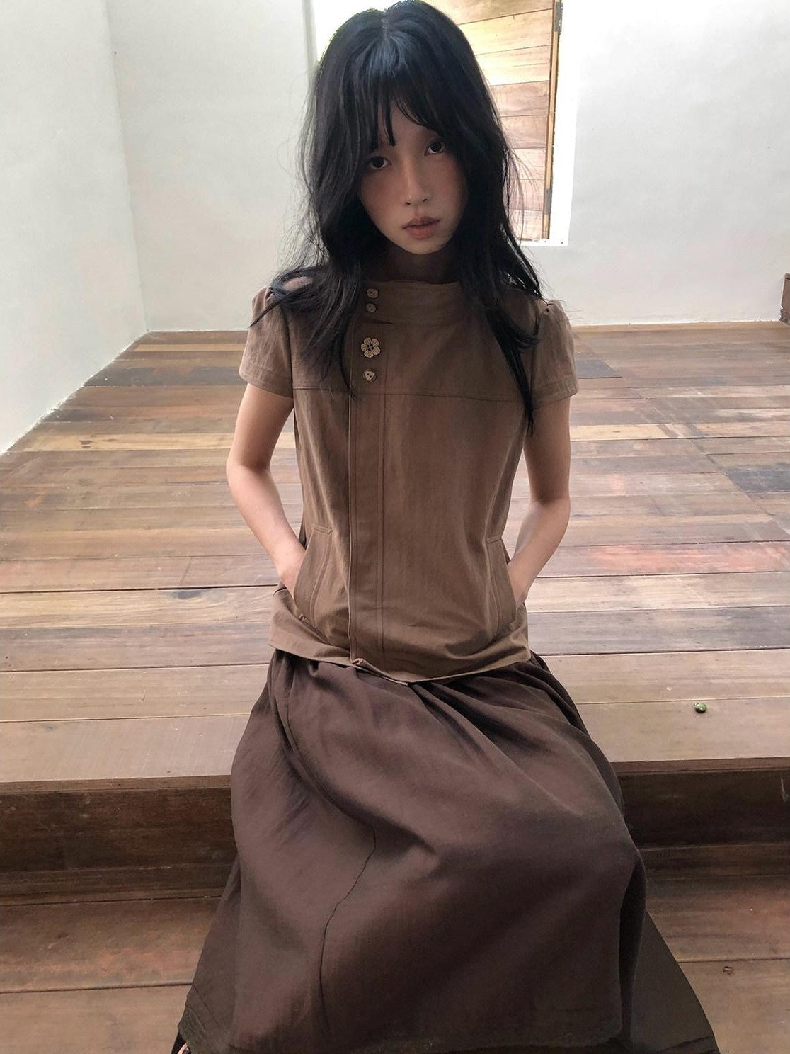 Dorydory Mocha A Line Raglan High Collar Slim Button Women&
