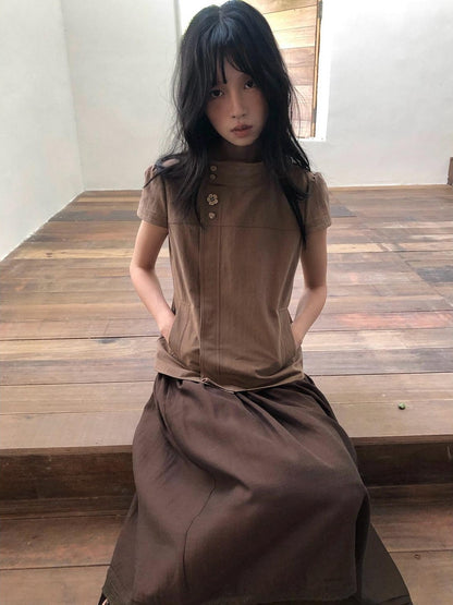 Dorydory Mocha A Line Raglan High Collar Slim Button Women&