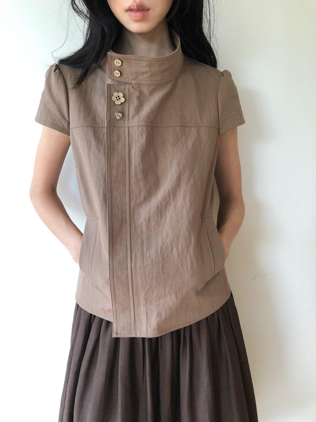 Dorydory Mocha A Line Raglan High Collar Slim Button Women&