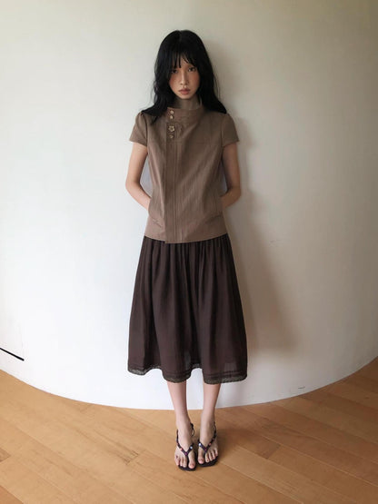 Dorydory Mocha A Line Raglan High Collar Slim Button Women&
