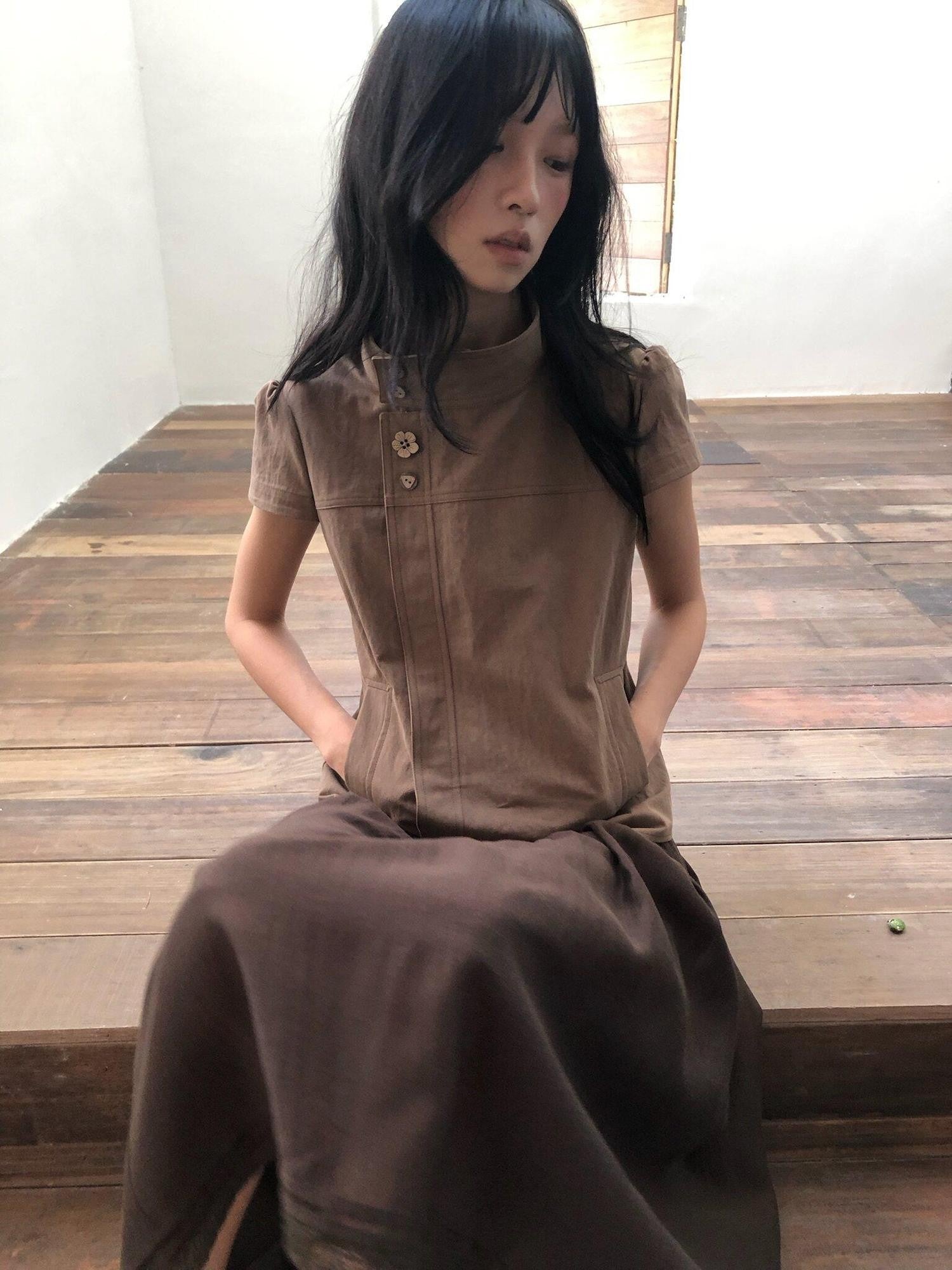 Dorydory Mocha A Line Raglan High Collar Slim Button Women&