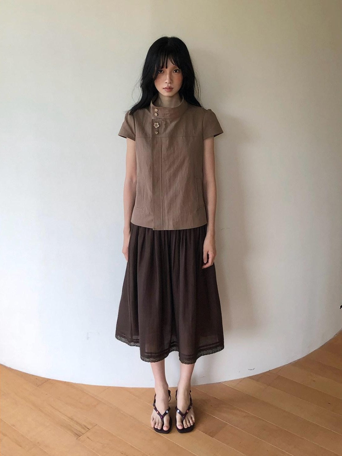 Dorydory Mocha A Line Raglan High Collar Slim Button Women&